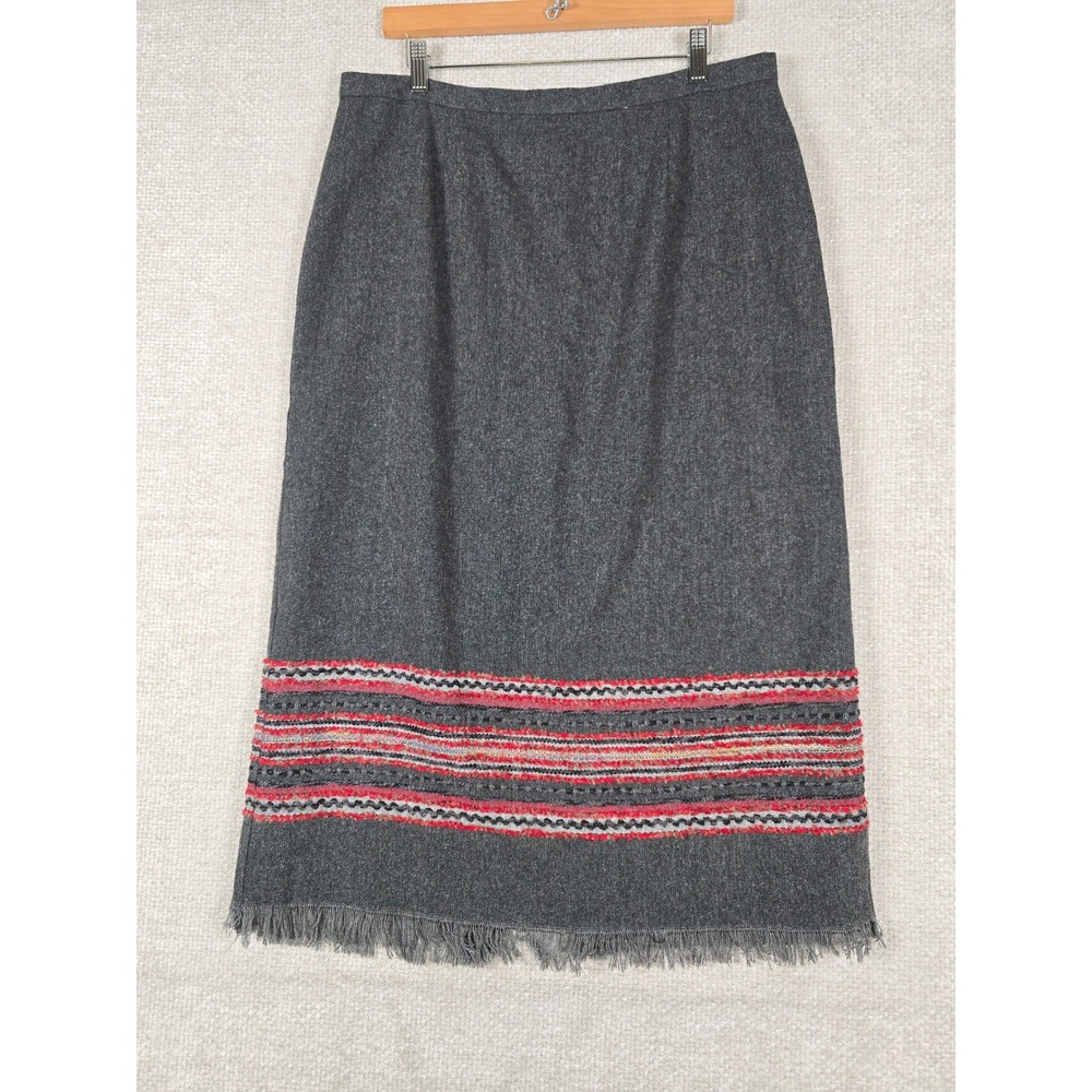 Sag Harbor Petite Skirt Size 16P Gray Wool Blend Embroidered Fringe W34 L34